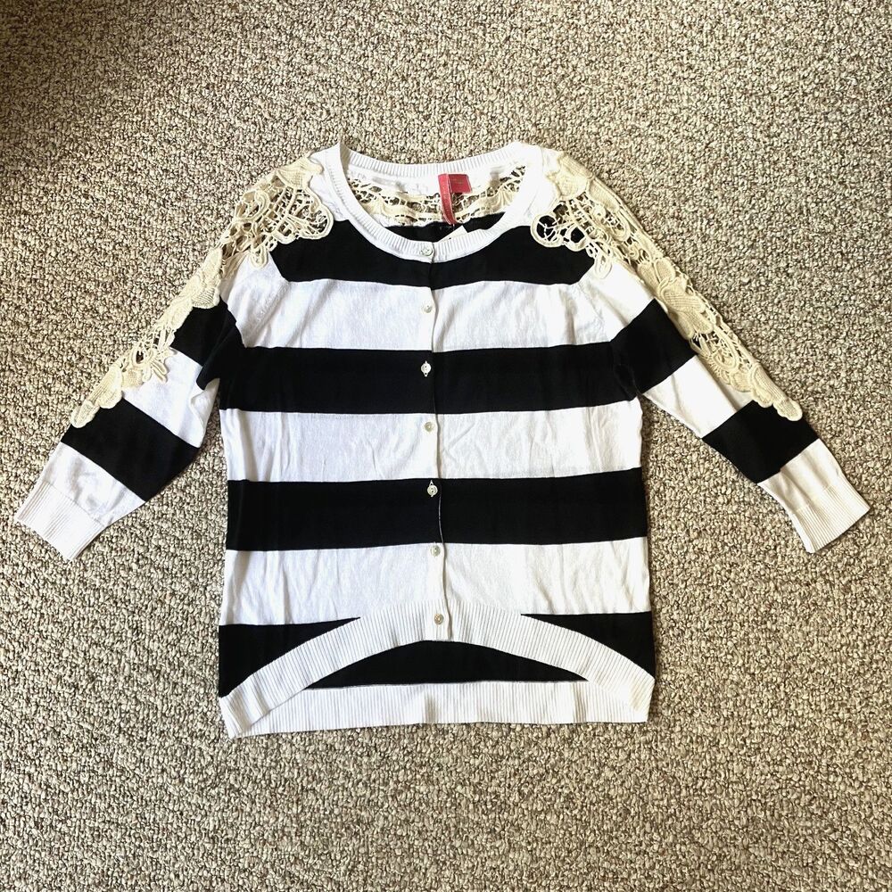 NWT Nordstrom Charlotte Cardigan Sweater Size L Crochet Lace Stripes Twee Black